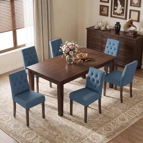 Dining Chairs Set of 6, Parsons Chairs for Small Spaces, Light Beige | Modern Dining Room Chairs with Solid Wooden Legs, Fabric Upholstered Kitchen Chairs for Restaurant & Cafe - color: Tufted Blue, size: Set of 6