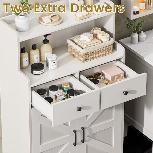 Farmhouse Bathroom Storage Cabinet with 2 Drawers & 2 Doors, Kitchen Cabinet Cupboard with Adjustable Shelves, Floor Storage Cabinet for Kitchen/Living Room/Bedroom, White