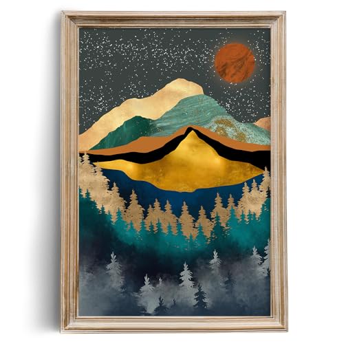 Boho Wall Art for Bedroom - Large Oversize Unframed Rolled Canvas 24x36 Living Room - Modern Boho Moody Room Decor - Texured Metallic Mountain Moon Sun - Emerald Green Marble Golden Nature Tree Forest - size: 24"L x 36"W