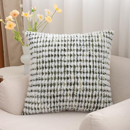 LUOYEHK Boho Throw Pillow Covers 18x18 Inch Set of 2 Farmhouse Neutral Pillow Covers Chenille Tufted Pillowcase for Couch Sofa Bed Living Room, Green White - color: Green White, size: 18" x 18" (Pack of 2)