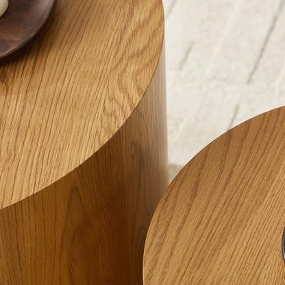 Nesting Coffee Table Set of 2, Modern Round Coffee Table Drum Side Table, Wooden Circle Accent Tables End Tables for Small Spaces Living Room Bedroom Office, No Need Assembly - color: 18.9" & 14.96" Natural