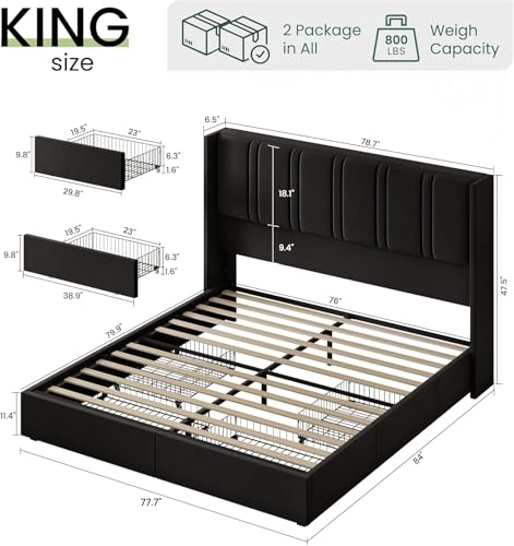 King Size Bed Frame with 4 Storage Drawers and Wingback Headboard Velvet Upholstered Platform Bed Frame with Wooden Slats, Easy Assembly, Black | 4 Storage Drawers, Wingback Headboard, No Box Spring Needed, Easy Assembly - color: Black, size: King