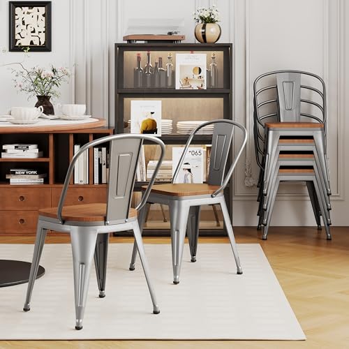 Alunaune 18inch Metal Dining Chair Set of 4 High Back Classic Chic Iron Farmhouse Chairs Industrial Stackable Coffee Stools Bistro Cafe Side Barstools Wood Seat-Silver - color: Silver