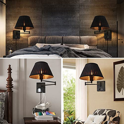 17" Swing Arm Wall Lamp USB & AC Outlet, Dimmable, Black | Adjustable Swing Arm Rotary dimmer sets Plug-in bedside Bedroom Living Room reading - color: Black