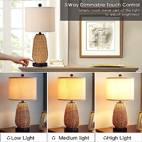 CINSARY Touch Control Rattan Table Lamp, 3 Way Dimmable Bedside Lamp for Bedroom with 2 USB Ports and AC Outlet, Nightstand Lamps for Living Room(LED Bulbs Included), Grass-1PK - color: Grass-1PK