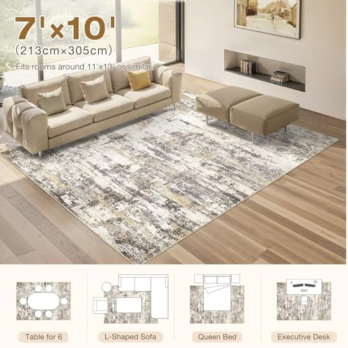 7x10 Area Rugs Abstract Washable Living Room Rug, Gold Brown | Modern Neutral Non-Slip Soft Low Pile Stain Resistant Carpet for Bedroom, Dining Room, Nursery Home Decor - color: Gold Brown, size: 7' x 10' (Rectangular)