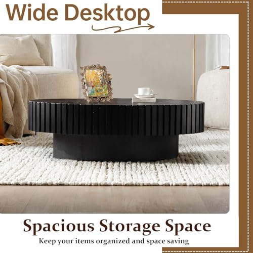 Oval Drum Fluted Coffee Table (A) | Modern Wood Coffee Table with Oval Pedestal Center Tables Fluted Accent Tea Tables for Apartment Living Room - color: A
