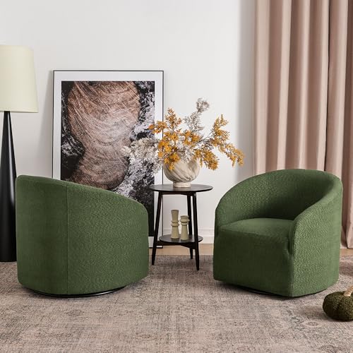 KINWELL 32" Wide Modern Boucle Swivel Barrel Chairs Set of 2, No Assembly Round Upholstered Swivel Accent Armchairs for Living Room, Bedroom (Green) - color: Green, style: Set of 2