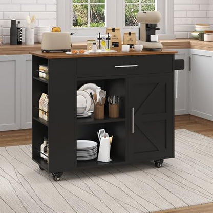 Kitchen Island with Storage, 39'' W Rolling Kitchen Island on Wheels, Black | 3-Tier Spice Rack, Drawer Storage, Adjustable Shelf & Towel Rack, Casters, Mobile Island Table for Kitchen, Dining Room - style: BLACK
