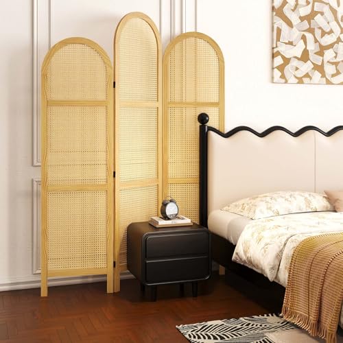 3-Panel Hand-Woven Rattan Room Divider, Tall Foldable Privacy Screen with Wooden Frame - Freestanding Portable Partition for Home Office, Bedroom, Bathroom(Natural-Wave) - color: Natural-wave