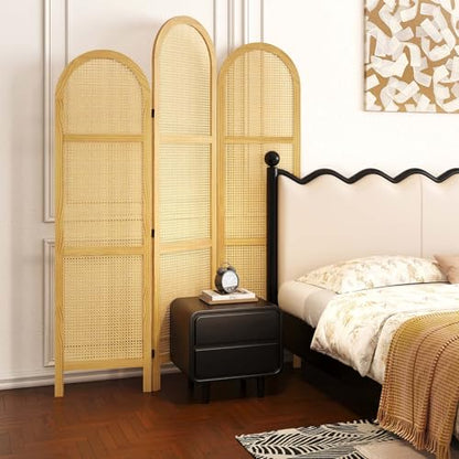 3-Panel Hand-Woven Rattan Room Divider, Tall Foldable Privacy Screen with Wooden Frame - Freestanding Portable Partition for Home Office, Bedroom, Bathroom(Natural-Wave) - color: Natural-wave