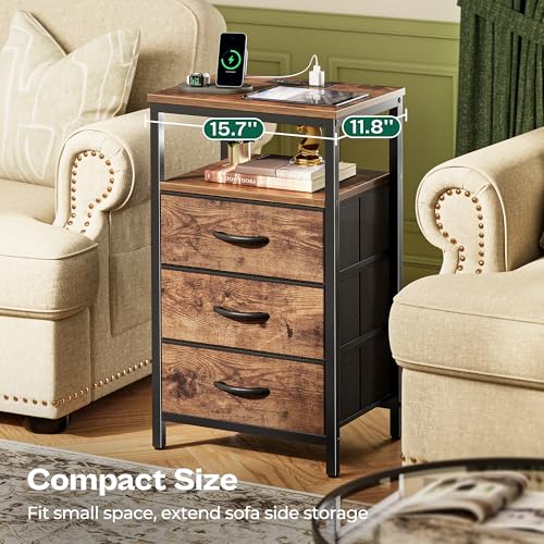 Huuger Night Stand with Charger Station and LED Lights, 3 Drawer Nightstand | Bed Side Table with Open ShelfEnd TableTall Fabric Dresser for Bedroom, Rustic Brown - color: Rustic Brown, size: 11.8"D x 15.7"W x 27.6"H（3 Drawers）