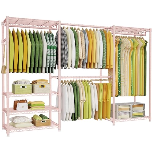E1 Heavy Duty Closet Garment Rack, 6 Tiers Expandable Clothing Storage | Pink Adjustable Metal Freestanding Clothes Rack with 4 Hanger Rods, Easy-to-Assemble Wardrobe - color: Pink