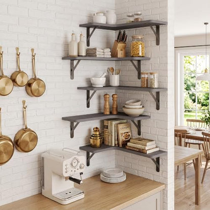 Fixwal Corner Floating Shelves Set of 5, Rustic Wood Wall Mounted Corner Shelf for Bathroom, Kitchen, Bedroom, Home Decor, Laundry Room, Living Room(Gray) | Solid wood shelf with metal brackets, holds 40 lbs. Optimizes corner storage. Fits bathroom, kitch