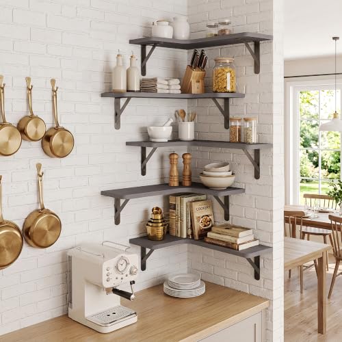 Fixwal Corner Floating Shelves Set of 5, Rustic Wood Wall Mounted Corner Shelf for Bathroom, Kitchen, Bedroom, Home Decor, Laundry Room, Living Room(Gray) | Solid wood shelf with metal brackets, holds 40 lbs. Optimizes corner storage. Fits bathroom, kitch