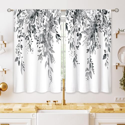 Eucalyptus Botanical Leaves Grey Floral Kitchen Window Curtains Over Sink Farmhouse Flower Leaf Small Window Treatment Cafe Short Curtains for Bathroom Treatment Tier Drapes 26x24 inch - color: 11 Grey White, size: 26"W x 24"L (Pack of 2)