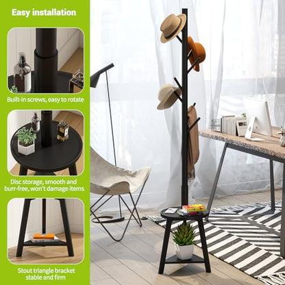 BMOSU Coat Rack freestanding Stand with Shelf Bamboo Wooden Coat Tree Easy Assembly 8 Hooks Standing Jackets Hanger Hallway Office Floor Coat Stand Black - color: BLACK