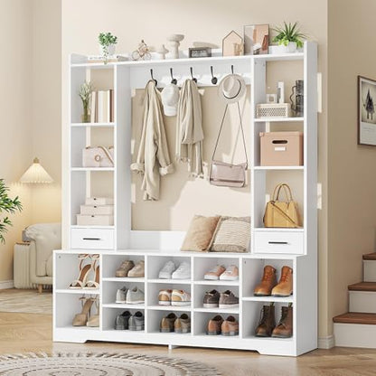 Farmhouse Hall Tree with 2 Independent Drawers,6-in-1 Entryway Bench with Coat Rack Adjustable Shoe Storage for Foyer/Hallway,White - color: White