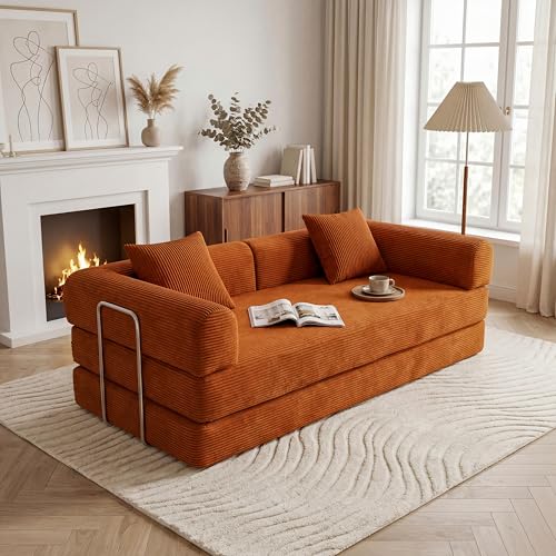 79" Boneless Couch,4-in-1 Futon Sofa Bed Modular Loveseat Sleeper Folding Compressed Couch with Pillows,No Assembly Required Convertible Sofa Bed for Living Room Bedroom Guest Room,Orange - color: Orange, size: 79” Sofa