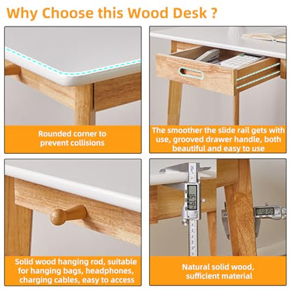 Aibiju Computer Desk with 2 Drawers, 47" Solid Wood Home Office Writing Desk, Compact Simple Tables with Hook for PC, Laptop, Students, Study, Makeup, Bedroom White + Natural Wood Legs YD-WD03WN - color: Table White + Natural Wood Legs, size: Length 47 in