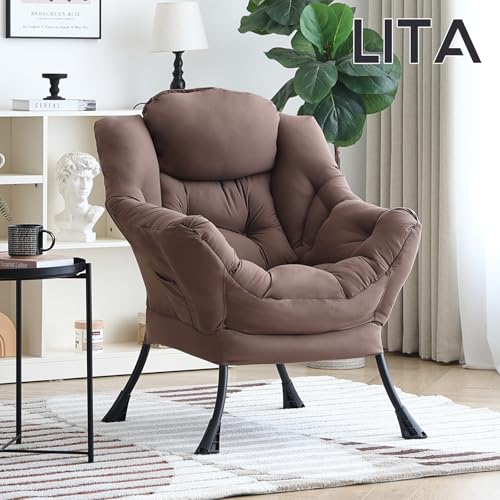 Lazy Chair with Ottoman, Comfy Accent Reading Chair, Dark Brown | Foldable Footrest,Removable Cover,with Armrests and Side Pockets,Upholstered Lounge Chair for Bedroom,Dorm,Office,Small Space - color: Single Dark Brown