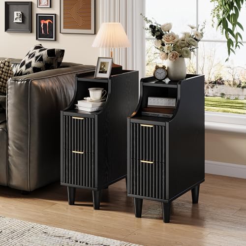 Fluted Nightstands Set of 2,Narrow Bedside Table with 2 Drawers & Storage, Farmhouse Walnut End Table Modern Side Table for Bedroom Livingroom Sofa Office, Small Space - color: Black,7.9" With 2 Drawers