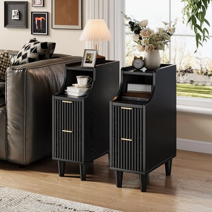 Fluted Nightstands Set of 2,Narrow Bedside Table with 2 Drawers & Storage, Farmhouse Walnut End Table Modern Side Table for Bedroom Livingroom Sofa Office, Small Space - color: Black,7.9" With 2 Drawers