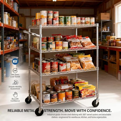 Finnhomy 4 Tier Heavy Duty Commercial Grade Rolling Cart with Handle Bar, Metal Wire Utility Cart with Wheels, Kitchen Service Trolley on Wheels, Shelf Size 18" D x 36" W, NSF, Chrome - size: 36"L x 18"W x 46.4"H-4 Tier, style: Chrome Cart