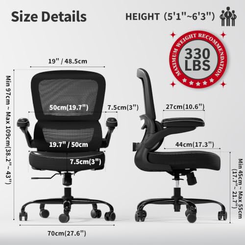TRALT Ergonomic Office Chair Desk Chair with Adjustable Lumbar Support | Desk Chair Comfy with Flip-up Armrests Ergonomic Chair - Mesh Computer Chairs for Adults, 330lbs, PU Leather (Black, 1) - color: Black, size: Pack of 1