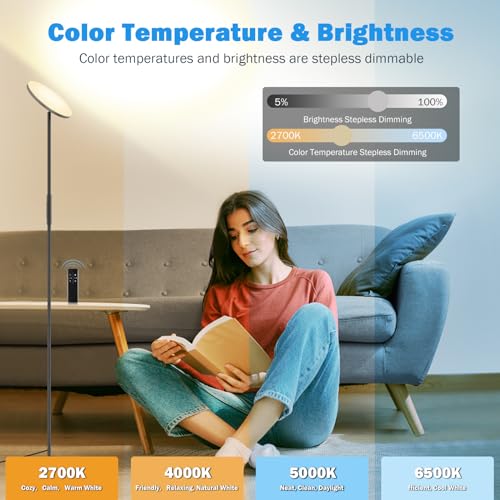LED Floor Lamp, 3000LM 30W Super Bright Standing Lamp, 300W Equivalent Modern Torchiere Sky Lamp, 2700K-6500K Stepless Dimming with Remote & Touch Control, 69" Tall Lamp for Living Room Bedroom Office
