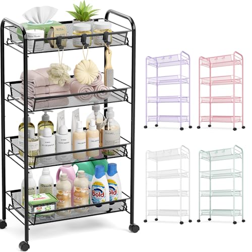 TOOLF 4-Tier Rolling Cart, Metal Utility Cart with 3 Hooks, Easy Assemble Mobile Storage Trolley On Wheels, Metal Shelving Units Kitchen Bathroom Laundry Room - color: Black, size: 4-Tier