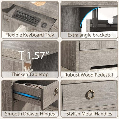 HSH 55" Modern Office Desk, Farmhouse Grey Computer Desk with Keyboard Tray | Wooden Executive Computer Table Teacher Desks with Storage Drawers Shelves and Cabinet for Home Writing Work Study - color: Light Grey Oak