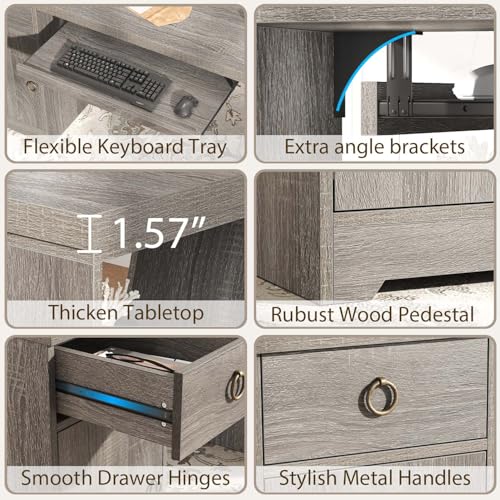 HSH 55" Modern Office Desk, Farmhouse Grey Computer Desk with Keyboard Tray | Wooden Executive Computer Table Teacher Desks with Storage Drawers Shelves and Cabinet for Home Writing Work Study - color: Light Grey Oak