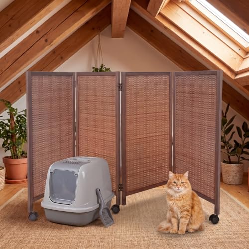 4 Panel Rolling Bamboo Short Room Divider with Wheels, 3.9FT Tall, Movable Folding Privacy Screen, Freestanding Partition for Loft, Apartment, Studio & Home Office, Brown