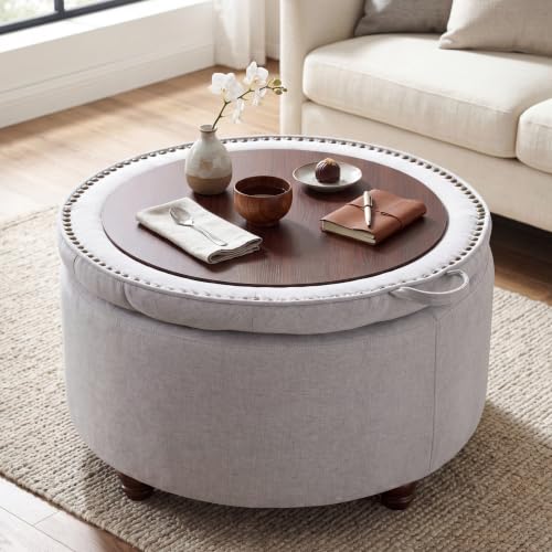 30" Round Storage Ottoman Coffee Table, Tufted Lid & Wood Top, Gray | Nailhead Trim Solid Wood Legs Extra Large Footrest Linen-Like Fabric - color: Grey