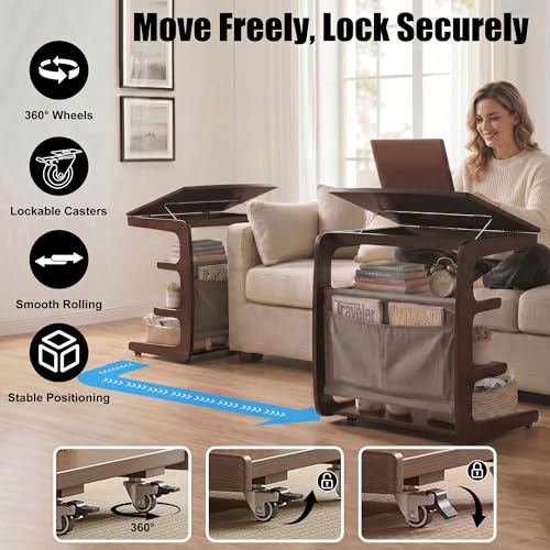 100% Solid Wood C Shaped End Table with Swivel Wheels, Lift Top Couch Table with Storage, Rolling Table that Slide Under Sofa & Bed, 15.75" D x 23.62" W x 24.8" H