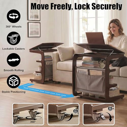 100% Solid Wood C Shaped End Table with Swivel Wheels, Lift Top Couch Table with Storage, Rolling Table that Slide Under Sofa & Bed, 15.75" D x 23.62" W x 24.8" H