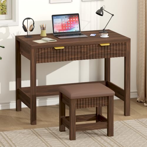 32 Inch Small Fluted Computer Desk with 2 Drawers & Stool for Bedroom | Small Wooden Computer Desk with Storage, Compact Writing Study Vanity Desk with Stool for Small Spaces, Walnut - color: Walnut, size: 32-Inch Desk with Stool