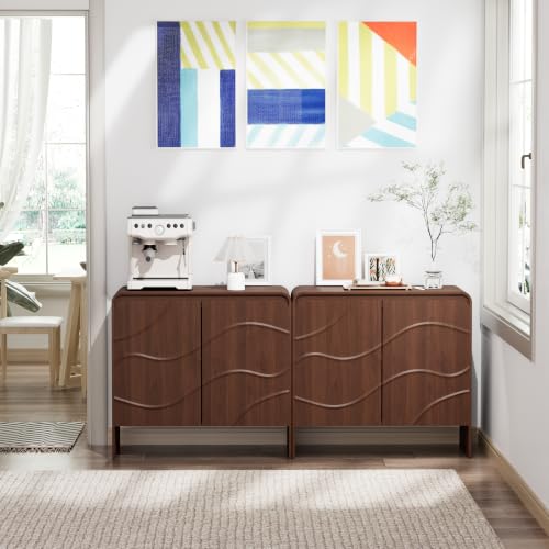 Godchoices 31.5'' Small Sideboard Buffet Cabinet with Storage,Modern Farmhouse Accent Credenza with Wavy Doors & Adjustable Shelf, Console Cabinet for Kitchen,Living Room,Dining Room,Entryway,Hallway - color: Walnut