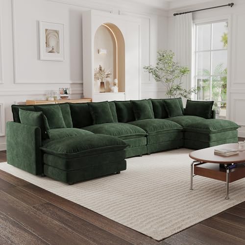 Modular Sectional Sofa, 146.5 Inch U Shaped Couch Set for Living Room, 4-Seater Comfy Cloud Couches with Two Movable Ottoman, DIY Combination, Chenille, Evergreen - color: Evergreen, size: 146.5 Inch- U