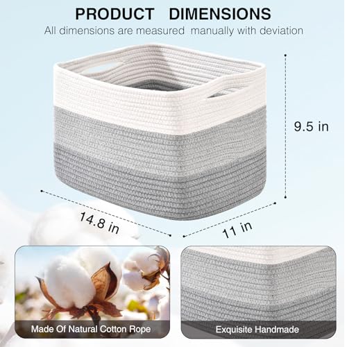 Storage Baskets for Organizing Shelves, Woven Cotton Rope Basket for Storage, Dog Toy Baskets Storage Kids, Book Bins for Living Room Bedroom, 14.8"×11"×9.5", Pack of 3, Gradient Grey - color: Gradient Grey
