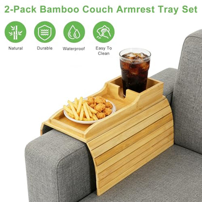 RETON 2 Pack Bamboo Couch Armrest Tray with Sofa Cup Holder, Anti-Slip Foldable Couch Arm Tray Table Organizer for TV Remote Drinks Cups Cellphone Snacks