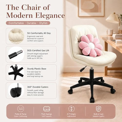 Vanity Chair with Back, Armless office Chair with wheels and Lumbar support, Comfy PU Leather Desk Computer Chairs with Adjustable Height, 360°Swivel for Home Office, Computer Desk & Vanity Beige - color: White