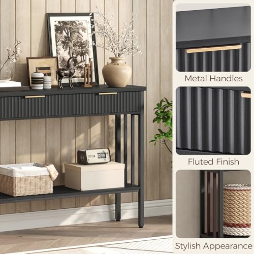 MAHANCRIS 39.4" Console Table with 2 Drawers, Fluted Black Entryway Table | Narrow Long Entry Table with Storage Shelf, Sofa Table for Entryway, Living Room, Foyer, Hallway, Office, Black CTHB5101 - size: 11.8"D x 39.4"W x 32.3"H