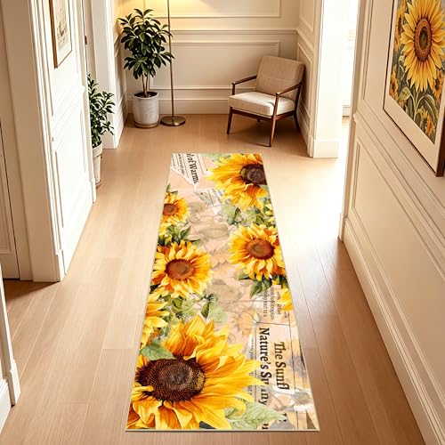 AooHHooA Sunflower Runner Rug 2x6 Non-Slip Washable Yellow | Modern Rustic Sunflower Runner Rug with Non-Slip Backing, Long Rug for Hallway Kitchen Entryway Laundry - color: Sunflower-2, size: 2' x 6' (Runner)