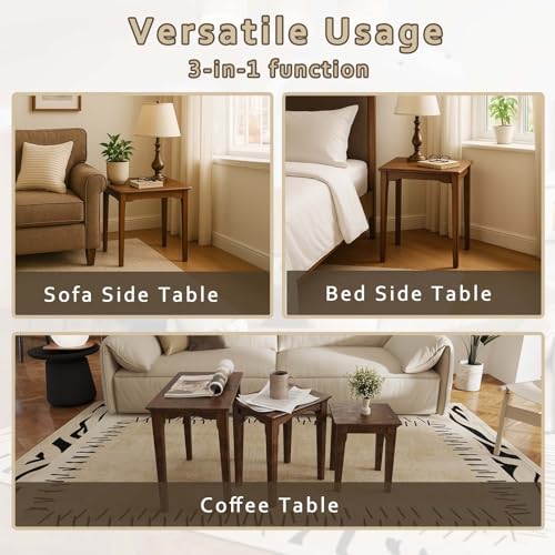 Kmax Nesting Tables Set of 3, Small Sofa Side Table Rustic Stacking End Table Rectangle Solid Wood Coffee Tables for Small Space - Walnut - color: Walnut