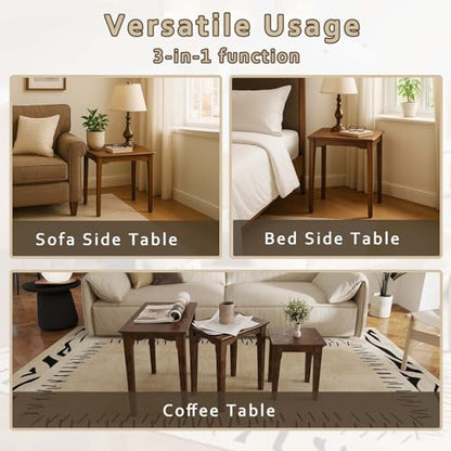 Kmax Nesting Tables Set of 3, Small Sofa Side Table Rustic Stacking End Table Rectangle Solid Wood Coffee Tables for Small Space - Walnut - color: Walnut