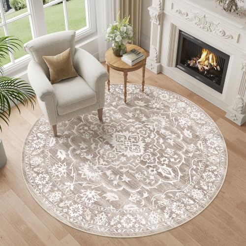 Soalmost Washable Round Rug 6ft for Living Room,Soft Circle Rug Light Brown | Vintage Floral Ultra-Thin Non-Slip 6x6 Round Throw Carpet for Entryway Nursery Bedroom Kitchen Dining Room 6'Round - color: Light Brown, size: 6' (Round)