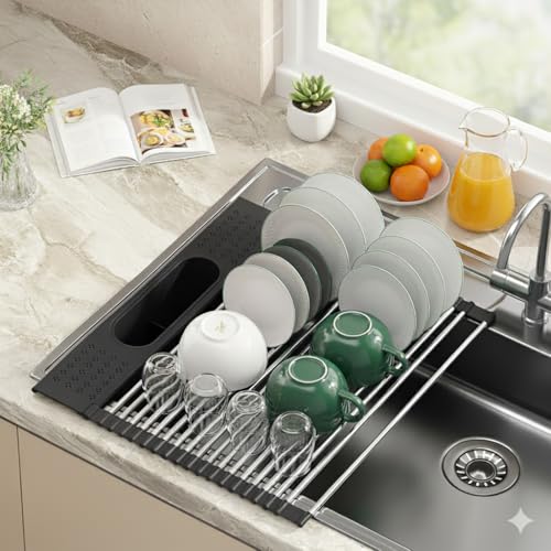 Roll Up Dish Drying Rack Over Sink, 20" X 15.2" Foldable SUS304 Stainless Steel Kitchen Dish Drainer, Heat-Resistant Multipurpose Rolling Sink Rack Organizer, Black - size: Black（20" X 15.2"）