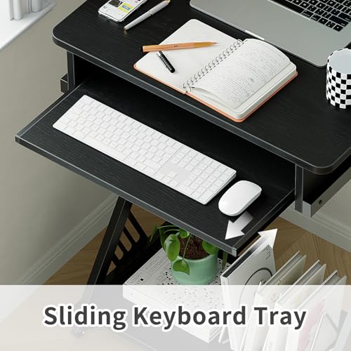 ALISENED Computer Desk for Small Spaces Compact Desk with Keyboard Tray | 23.6" Z-Shaped, with Wheels and Bottom Shelves, for Home Office, Computer Cart Mobile Laptop Cart, Black - color: Black